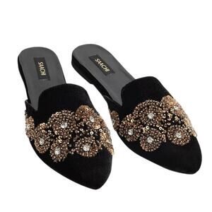 Saachi Womens Sequined Floral Slide Mules US 8 Black Velvet NWOB